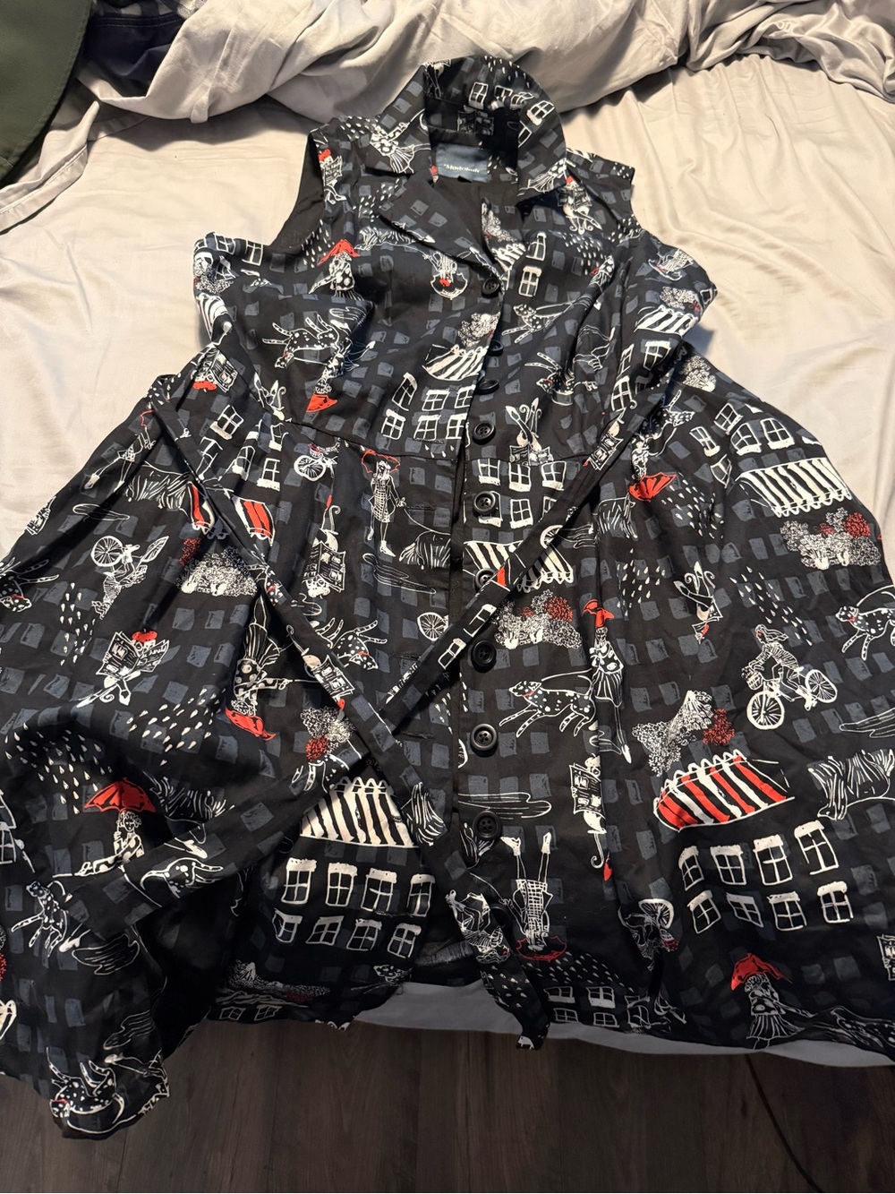 ModCloth Black Rain Trench with Red & White City Print